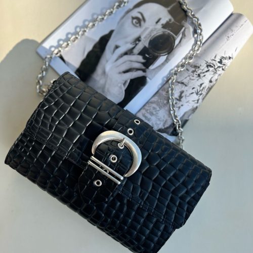 Black Leather Shoulder Bag Women Purse Silver Chain