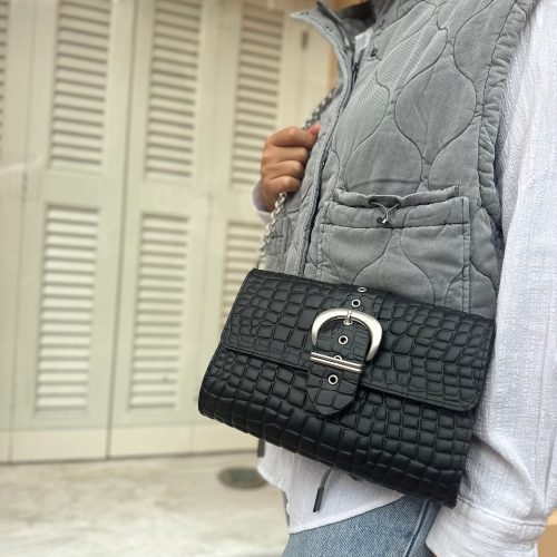 Black Leather Shoulder Bag Women Purse Silver Chain