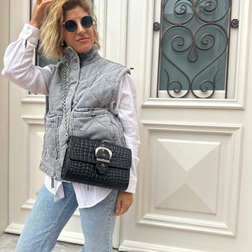 Black Leather Shoulder Bag Women Purse Silver Chain